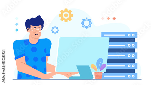 Man working at computer with server rack. Suitable for technology, data management, IT, and network concepts in business presentations.