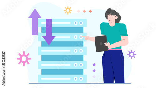 Person pointing at server stack suitable for technology, data storage, network security concepts. Great for web design, tech articles, presentations.