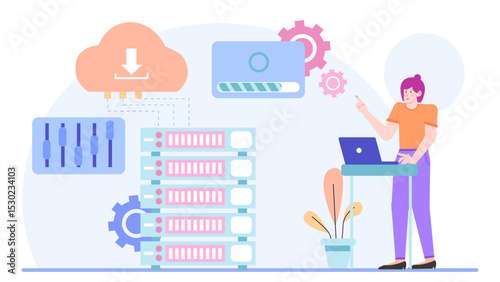 Woman working with cloud storage and servers suitable for technology companies, data centers, cybersecurity firms, IT services, and cloud computing.