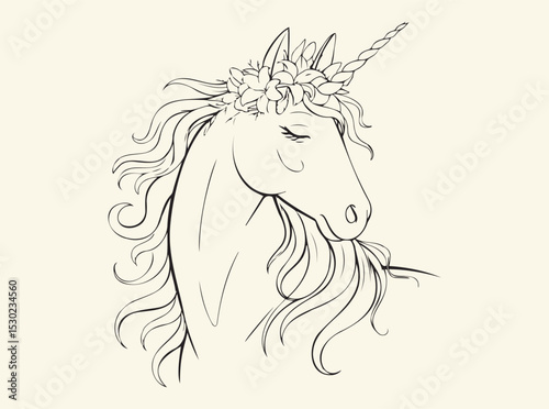 Floral Unicorn Head Illustration with Intricate Flowers and Leaves for Fantasy and Whimsical Themes