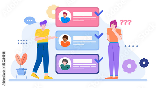 Person presenting three job candidates. Suitable for recruitment, HR, job interview concepts. Professional selection process in corporate setting.