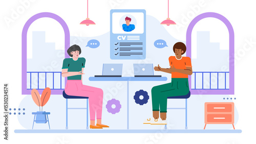 Two people discussing a CV at a table, perfect for career coaching, job interview preparation, recruitment, professional development content.