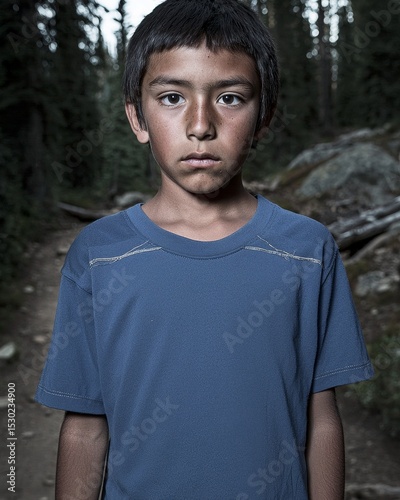 Portrait of a Young Boy in a Forest Setting with Intense Expression and Natural Light