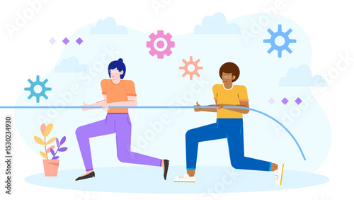 Illustration of two people in a collaborative tug of war activity, symbolizing teamwork and competition, surrounded by gears signifying productivity and growth.