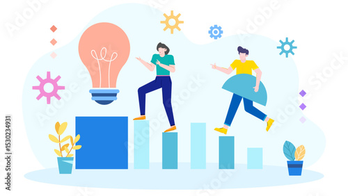 Two people climbing stairs towards a light bulb. Suitable for motivation, success, innovation, business, teamwork concepts in content creation.