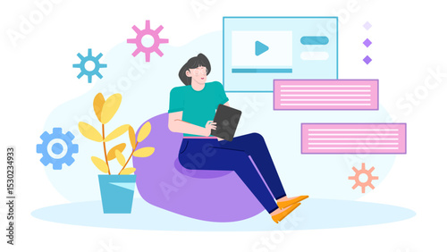 Woman sitting in a beanbag chair using a tablet. Cozy home office, remote work, technology, blogging, social media, relaxation.