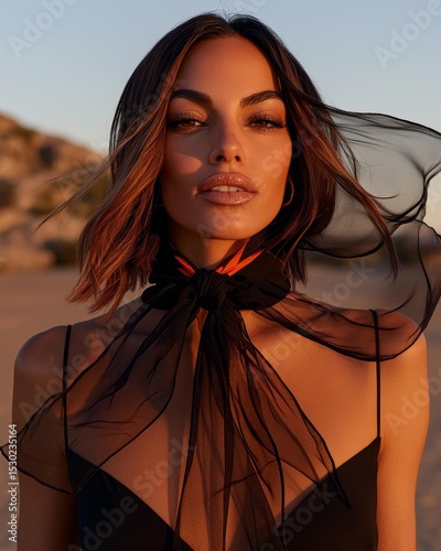 Elegant Woman in Black Fashion Attire with Flowing Scarf in Golden Hour Light