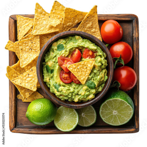 Guacamole with tortilla chips and lime isolated on transparent background
