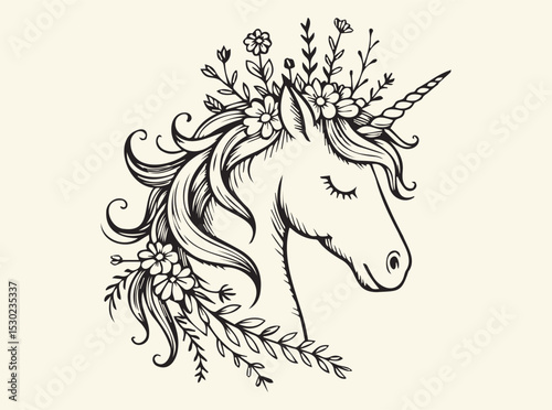 Floral Unicorn Head Illustration with Intricate Flowers and Leaves for Fantasy and Whimsical Themes