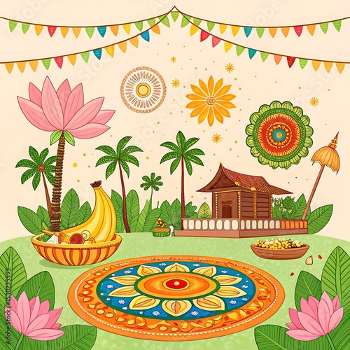 Onam Festival Illustration: Kerala's Harvest Celebration – Vibrant Colors, Traditional Decor, & Festive Spirit AI generated