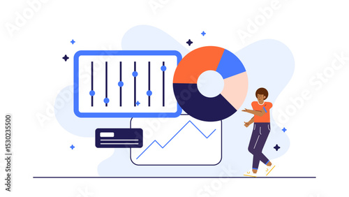 Pie chart, line graph, slider, and person for illustrating data analysis, budgeting, financial planning, and business performance presentations.