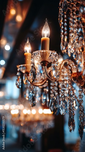 Ornate Crystal Chandelier with Glowing Candle Bulbs, Opulence Illumination Details