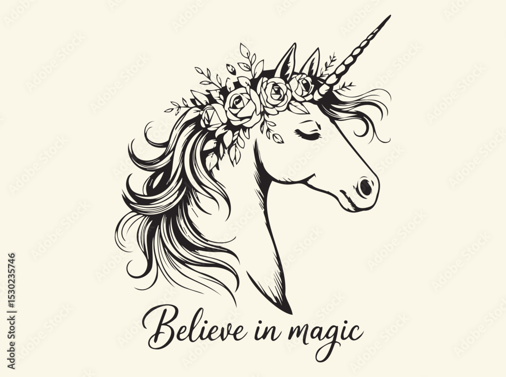 Fototapeta premium Floral Unicorn Head Illustration with Intricate Flowers and Leaves for Fantasy and Whimsical Themes