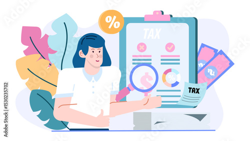 Woman reviewing tax form with a magnifying glass, suitable for financial concepts, tax assistance, budgeting tips, audit illustrations, and accounting blogs.