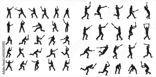 cricket player silhouette various pose on white backgrounds 