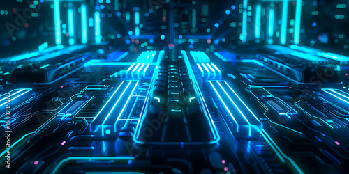  Futuristic Circuit Board with Glowing Blue Lines and Neon Lights in a Digital World