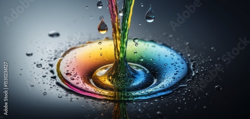 Rainbow liquid vortex forming on reflective dark surface with droplets suspended in the air above