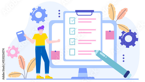 Man reviewing a checklist with a pen in hand, suitable for business planning, organization, productivity, management concepts in design projects.