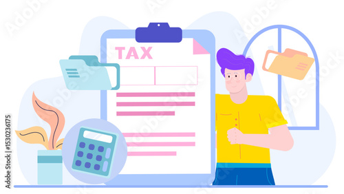 Man standing near tax form, calculator, plant. Suitable for tax season, financial planning, accounting services, personal finance concepts.