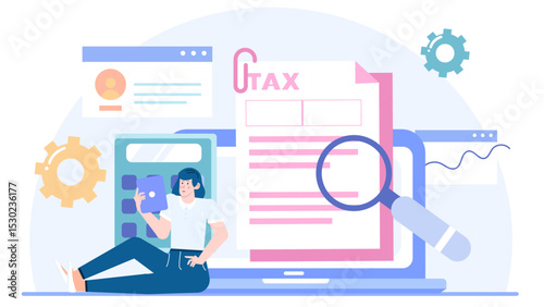 Woman with calculator next to tax form, calculating expenses for tax season. Suitable for financial planning, accounting, tax preparation concepts.