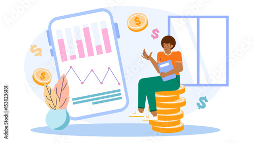 Person sits on stack of gold coins, symbolizing wealth, success, financial growth. Ideal for finance, investment, prosperity, and business concepts.
