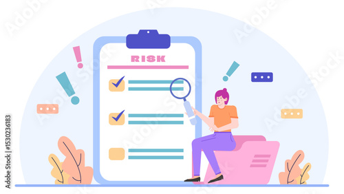 Woman holding clipboard with risk checklist, suitable for financial planning, risk management, business strategy concepts in presentations and marketing materials.
