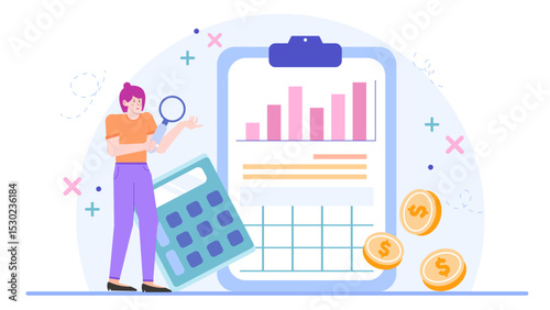 Woman analyzing financial data with calculator and magnifying glass, ideal for financial reports, accounting, business analysis, budgeting concepts.