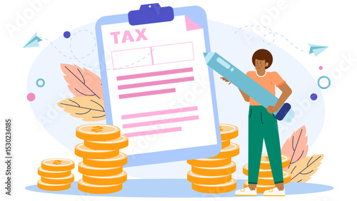 Person filling out a tax form near a stack of coins, suitable for tax preparation, financial planning, accounting concepts, and budgeting.