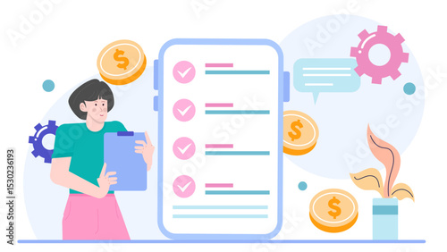 Woman checking coins with a plant. Ideal for financial planning, budgeting concepts, savings goals, investment strategies, checklists, money management.