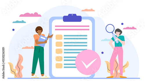 Two people near a checklist with a checkmark. Suitable for teamwork, goal achievement, completion, success, business collaboration concepts.