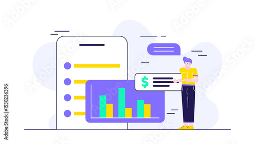 Man confidently presents graph data and a checklist, ideal for business presentations and professional pitch visuals on productivity and progress.