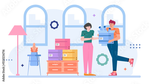 Woman and man in office holding boxes, symbolizing teamwork and collaboration. Perfect for business presentations, teamwork concepts, and office related design projects.