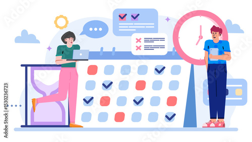 Two people coordinating schedules with a calendar and clock, perfect for time management concepts in business presentations or infographics.