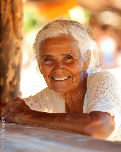 Joyful elderly woman with bright smile enjoying sunny day in natural setting