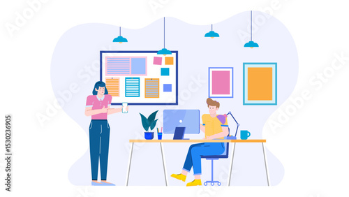 Woman at a desk conversing with a man; perfect for business communications, office meetings, teamwork, collaboration, and professional discussions.