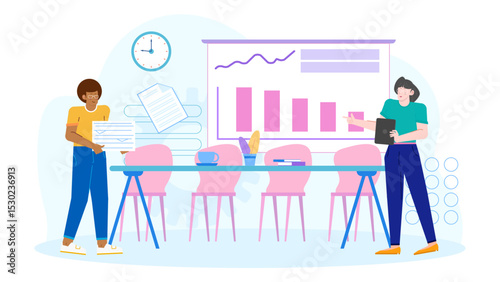 Two people in a meeting room with a presentation board suitable for business presentations, teamwork collaborations, office meetings, corporate settings.