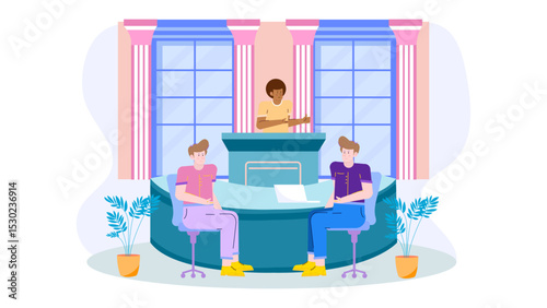 Three people stand beside a window, discussing. Suitable for business, teamwork, collaboration, brainstorming, communication, office, meeting, workplace concepts.
