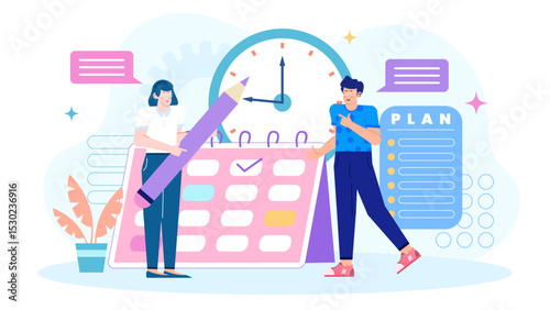 Two people planning with calendar and todo list. Ideal for scheduling, organization, teamwork, business meetings, productivity, time management concepts.