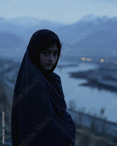 Young Girl in Dark Cloak at Dusk by River with Mountain Background