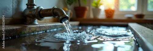 Water pouring from broken kitchen pipe, significant flooding, plumbing problem, plumbing emergency, inundation