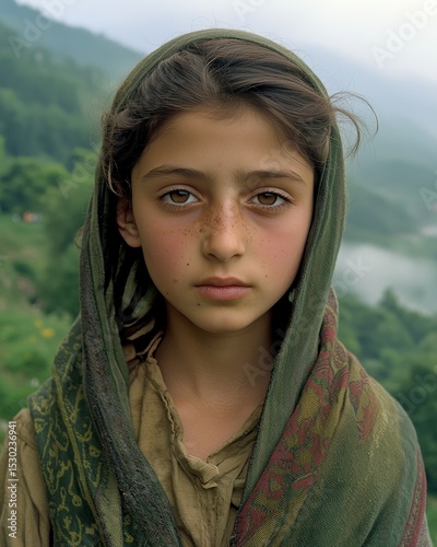 Young Girl with Freckles and Green Scarf in Serene Landscape Background
