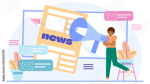 Person holds megaphone next to news sheet. Suitable for advertising, promotions, news announcements, activism, social media posts, events.