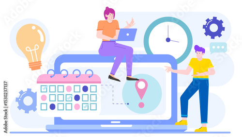 Two people working near a laptop, clock, and calendar. Suitable for illustrating teamwork, time management, scheduling, and business planning concepts.