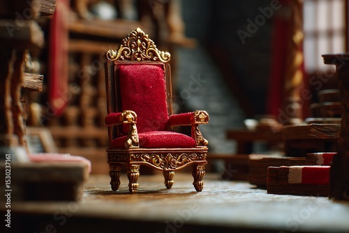 Ornate Golden Miniature Chair with Red Velvet on Wooden Surface in Warm Light
