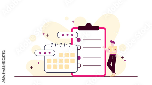 Man stands next to a calendar and a checklist. Organizing, planning, time management, scheduling, productivity, goal setting, task completion concept.
