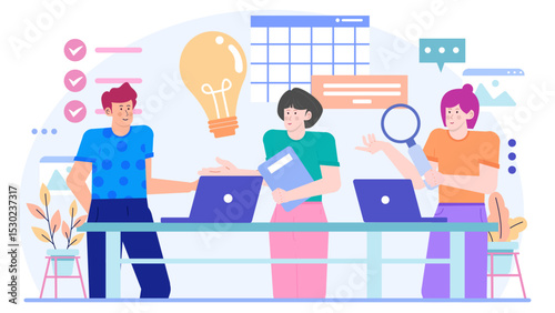 Three people collaborating in a bright office. Suitable for teamwork, collaboration, business, technology, co-working, and office environment concepts.