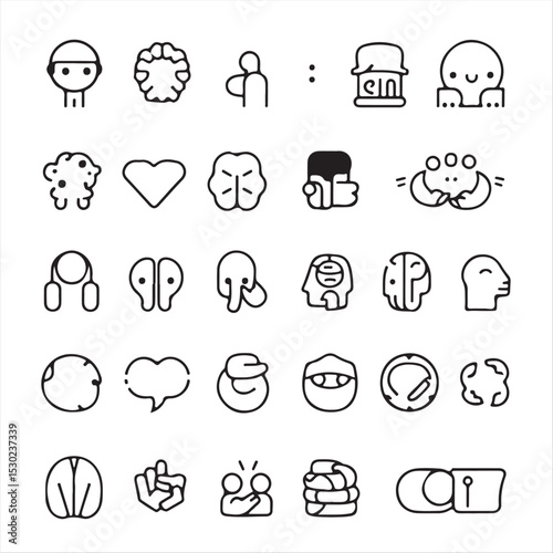 Generate a black and white, modern flat design icon set for mental health. The icons should utilize simple, two-dimensional, organic shapes to represent various therapy types, neurodiversity concepts