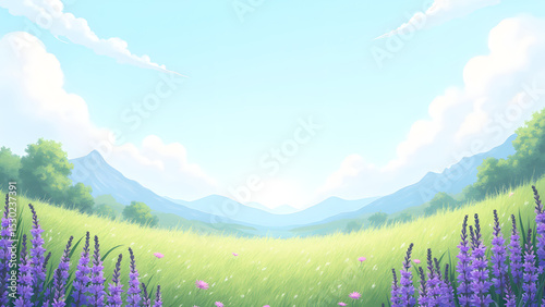 A beautiful landscape with purple flowers and grass