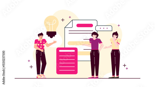 Three people engaged in a brainstorming session discussing a creative idea under a glowing lightbulb. Ideal for teamwork and innovation concepts.