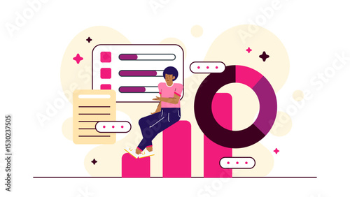 Person sitting on a chart with graphs and progress bars. Suitable for business presentations, financial reports, data analysis visuals.